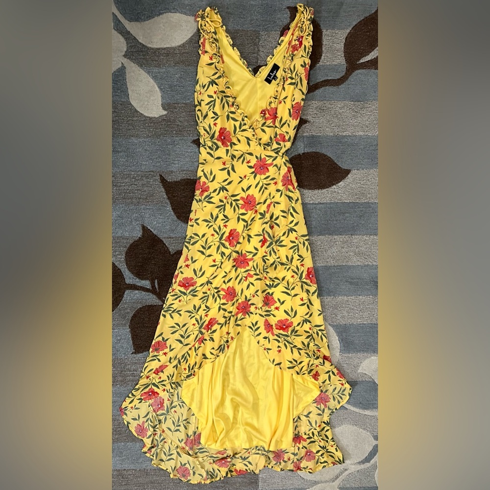 Lulu’s Blossoming Heart Yellow Floral Print Ruffled High-Low Wrap Dress - Picture 2 of 10